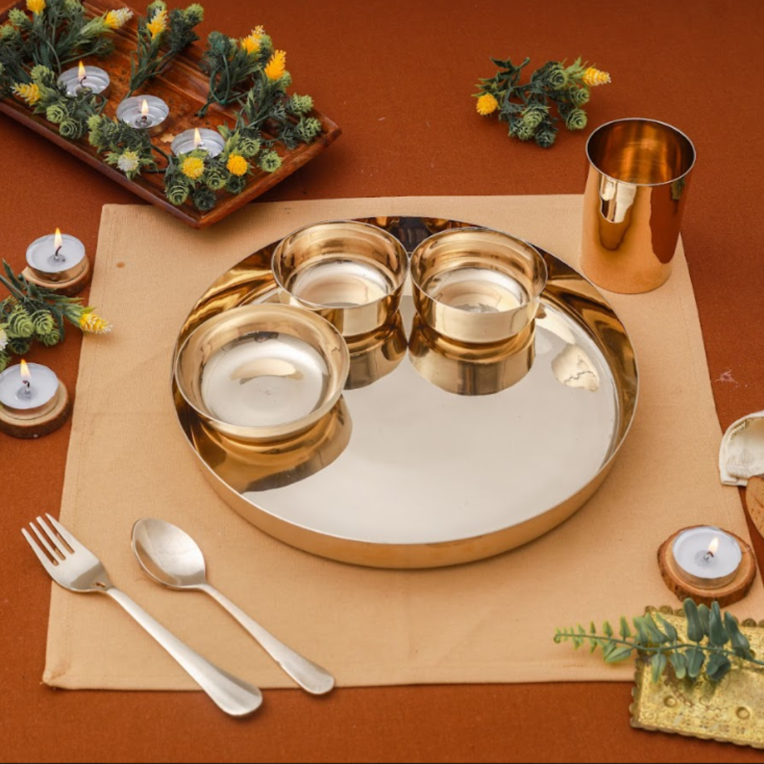 Bronze/Kansa Dinner Set For 6 Person | Royal Gold (12 Inch)